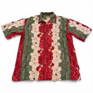 Jos A Bank Silk Hawaiian Floral Shirt Mens XL Red Green Cream Short Sleeve